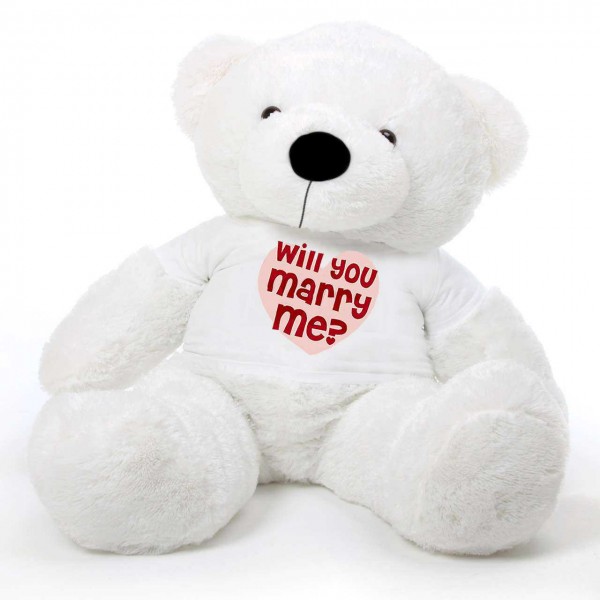 White 5 feet Big Teddy Bear wearing a Will You Marry Me T-shirt